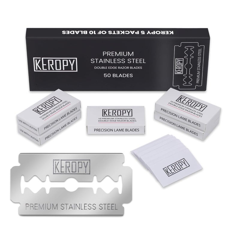 Keropy Double Edge Safety Razor Blades-50 Count Premium Razor Blades, Surgical Stainless Steel with Chromium Coating&3X Sharper Edges, Zero Irritation, Fits Most of Safety Razors, Sensitive Skin Safe - Image 1